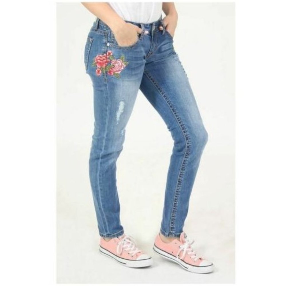 Grace in LA Women's Distressed Floral Embroidered Skinny Stretch Jeans w/ Rips